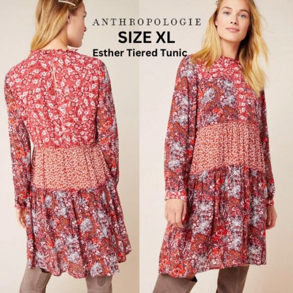 ANTHROPOLOGIE Esther Tiered Tunic RED floral print SIZE XL - Picture 1 of 16